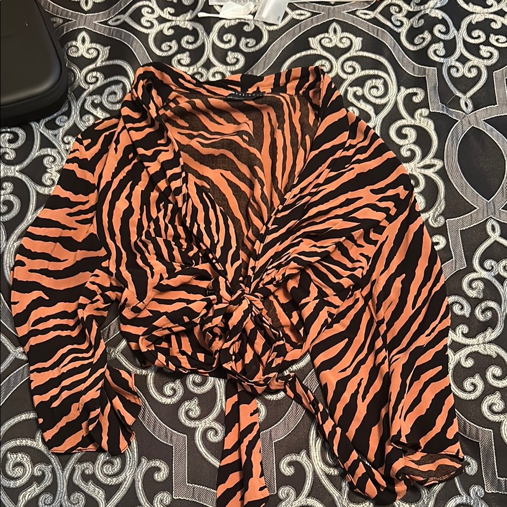 ASOS Orange and Black Ruched 3/4 Sleeve Blouse